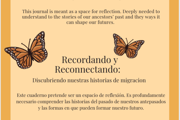Cover image in orange and yellow with monarch butterflies throughout. This is the journal cover with the title Remembering and Reconnecting: Discovering our Stories of Migration
